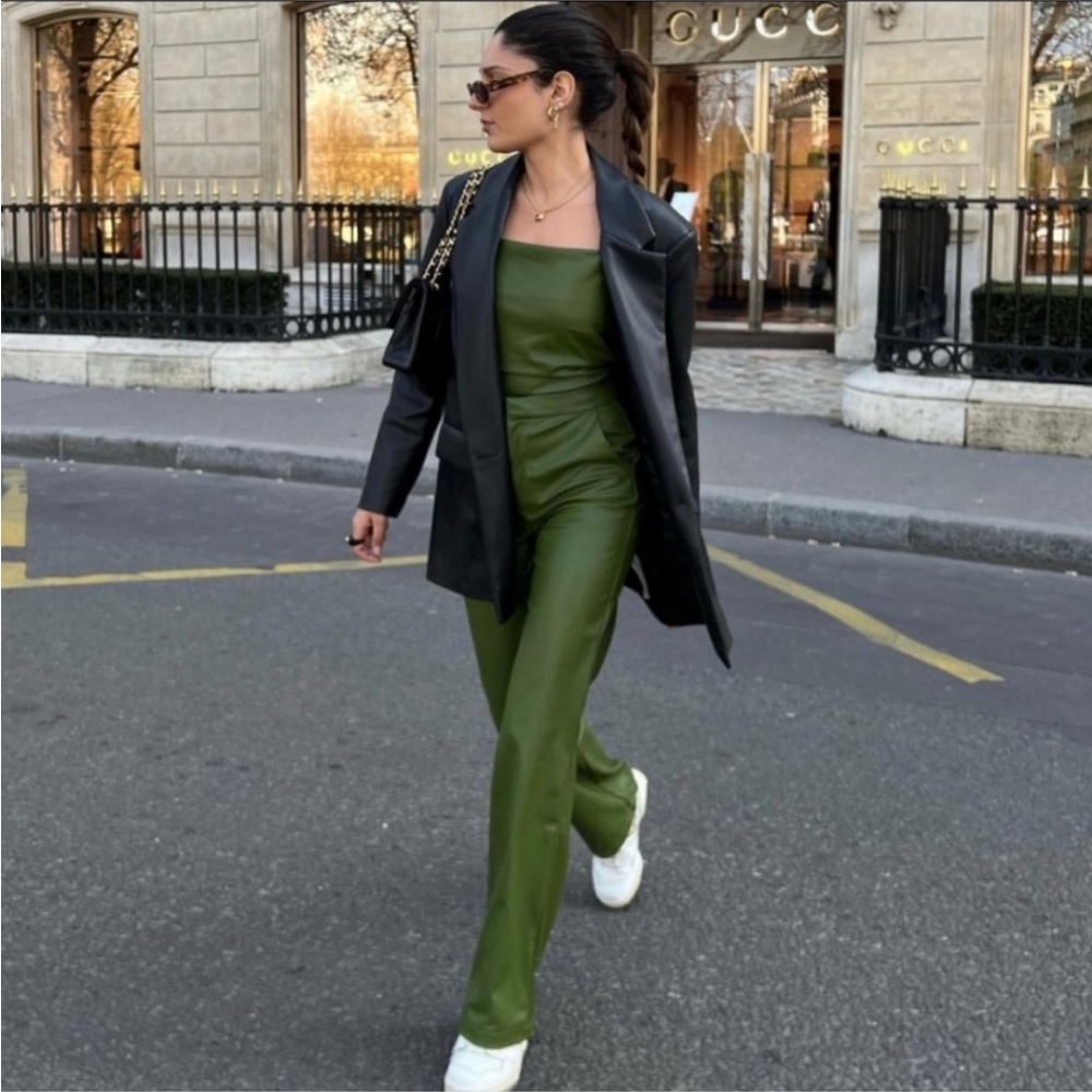 Zara FAUX LEATHER FULL LENGTH HIGH WAIST TROUSERS PANTS GREEN SIZE XS NEW